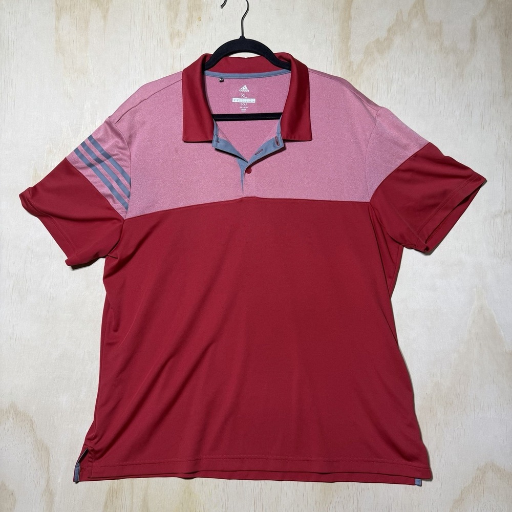 Adidas Golf Polo Shirt Mens XL Red Pink Colorblock 3 Stripe Performance Golf